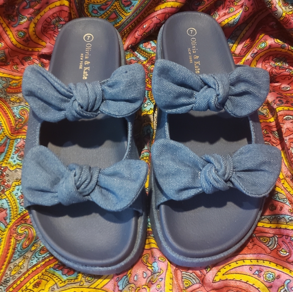 Olivia & Kate Retro Blue Denim Flatform Slides Sandals Women's Size 7